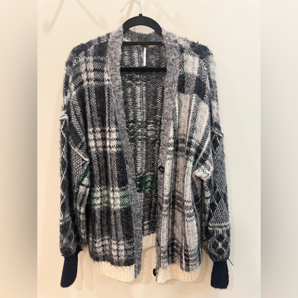 Free People Black And Gray Plaid Cardigan